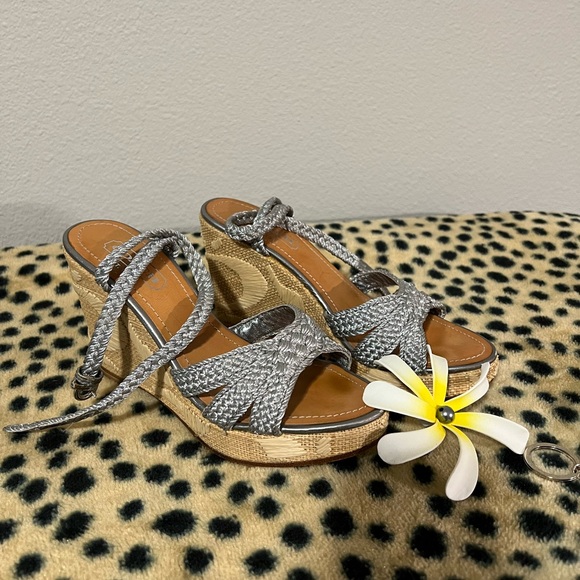 Coach Braided Silver Wedge Sandal - Picture 2 of 5